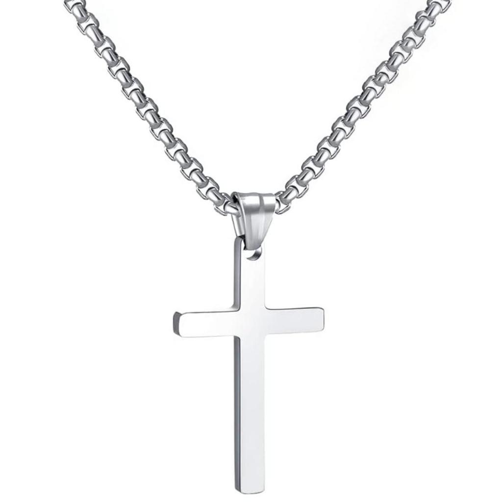 Elegant Grand Fade-Resistant 2.5 Square Pearl Stainless Steel Cross Necklace with Hand-Polished Mirror Finish