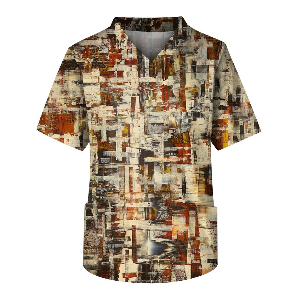 Herren Kurzarm V-Ausschnitt Vintage-Print Brusttasche Pflege-Top