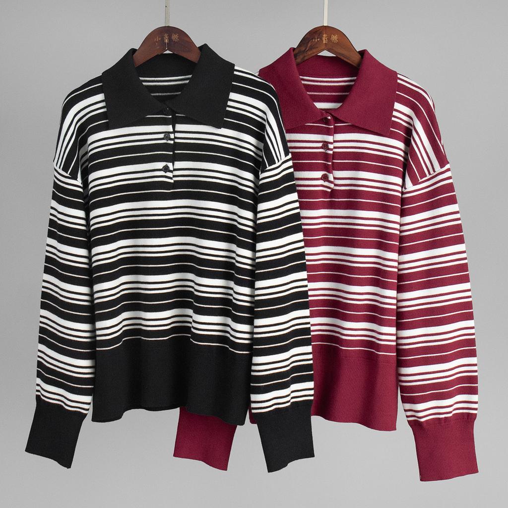 Autumn American Retro Striped Sweater Women's Collar Knit T-shirt Slimming Design Office Versatile Knitted Undercoat Top