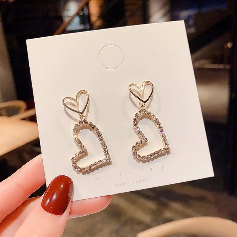 Korean Women's Earrings 2022 New Fashion Net Red Temperament Double Love Crystal Earrings Manufacturers Wholesale Sales Gothic