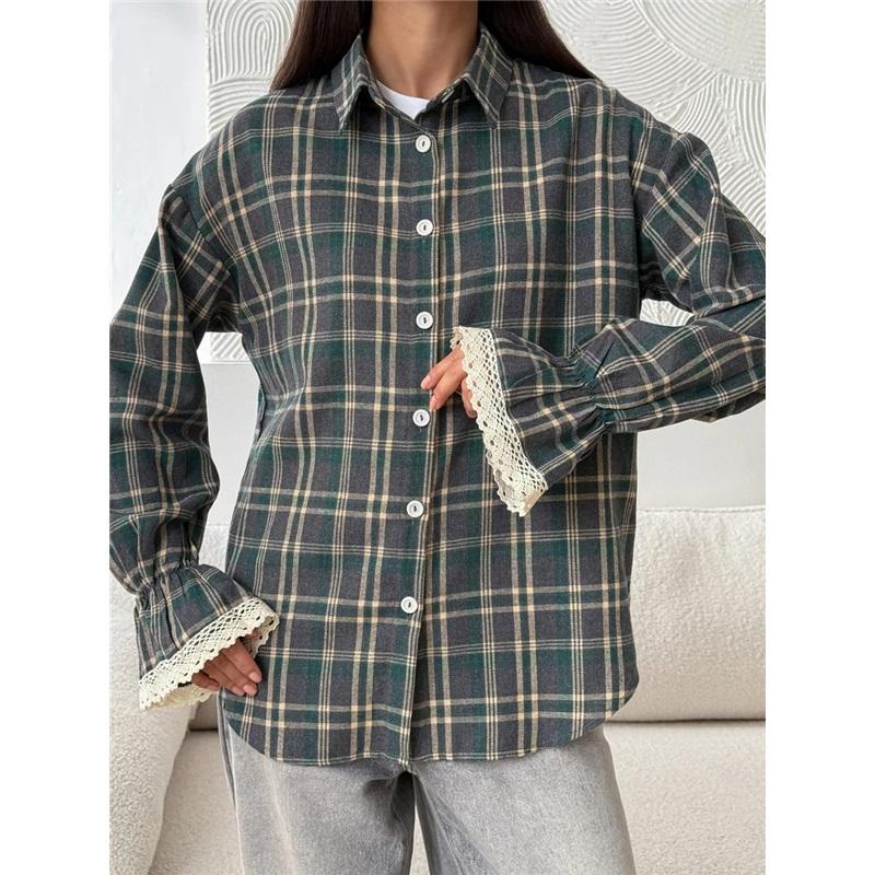 Women Plaid Button Down Shirt Lapel Collar Long Sleeve Lace Cuff Casual Loose Blouse