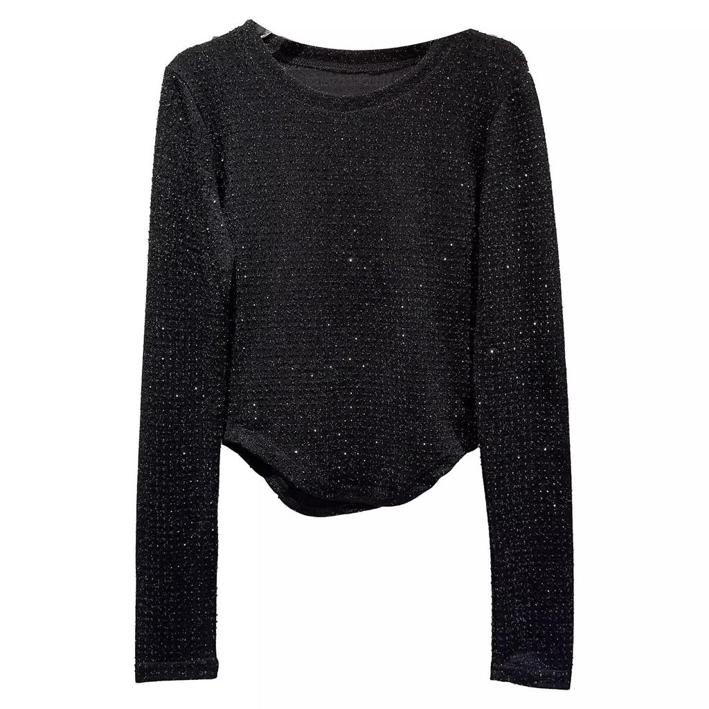 Übergröße Strass T-Shirt mit geschwungenem Saum für den Herbst