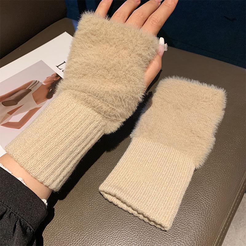 Women's Fluffy White Faux Fur Fingerless Gloves - Winter Warm, Fleece Lined, Long Sleeves