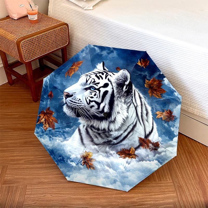 1 PC Automatic Folding Umbrella - White Tiger with Falling Leaves Pattern, Portable & Foldable Design with 8 Ribs, Christmas Birthday Gifts