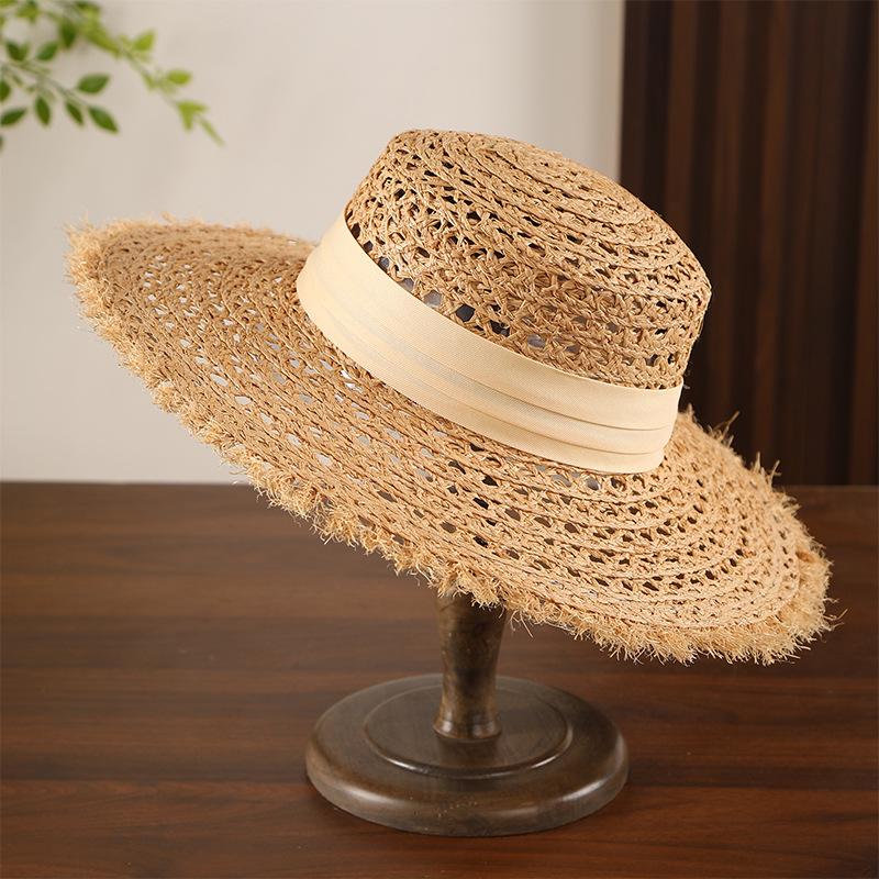 

High Quality Fashion Breathable Fringe Brim Raffia Ribbon Flat Top Straw Hats for Women One Size