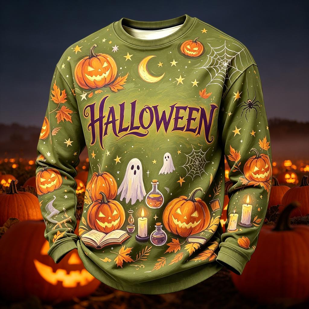 Herren lässiges Strick-Langarm-Rundhals-T-Shirt mit Halloween-Print