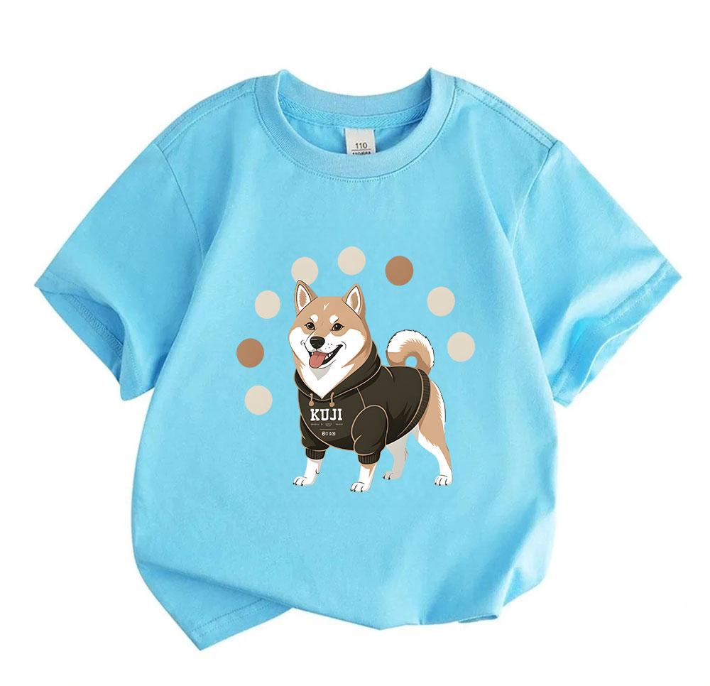 Kids Boys Girls Crew Neck Short Sleeve 100% Cotton T-Shirt, Cute Smiling Shiba Inu Dog in Hoodie Graphic Casual Soft Breathable Tee Top for Children D