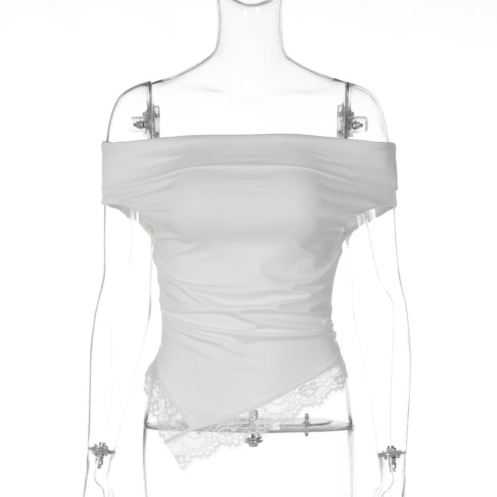 Women's summer new sexy babes one-word shoulder lace solid color T-shirt top wholesale