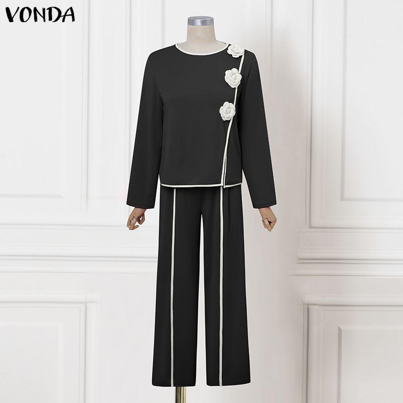 VONDA Two Piece Suit Women Retro Long Sleeve Splicing Blouse and Pants Casual Office Sets