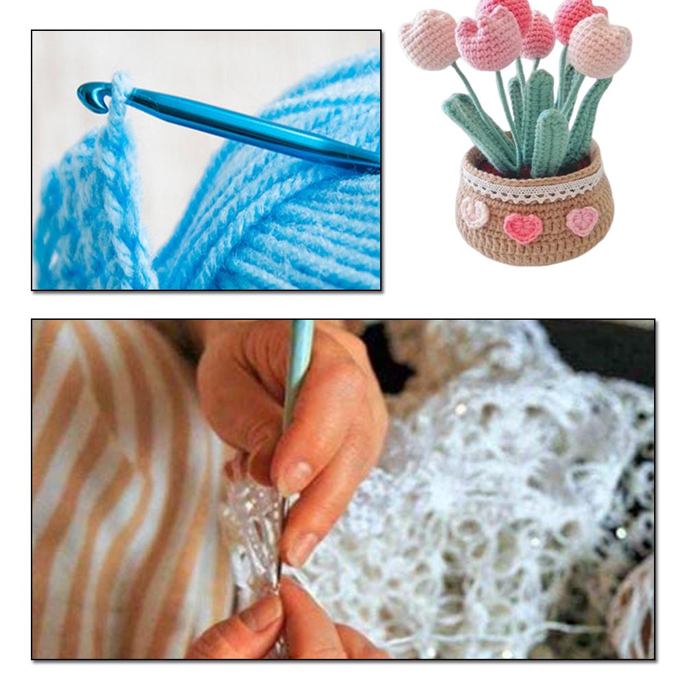 Kit de Crochê DIY de Flor em Vaso com Tutoriais em Vídeo Kit de Tricô Tecido à Mão Resistente ao Desgaste para Decoração de Casa Sala de Estar Ornamento de Mesa