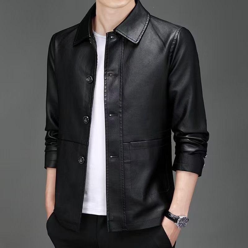 Men's sheepskin leather jacket trendy handsome casual velvet lapel middle-aged leather jacket dad jacket