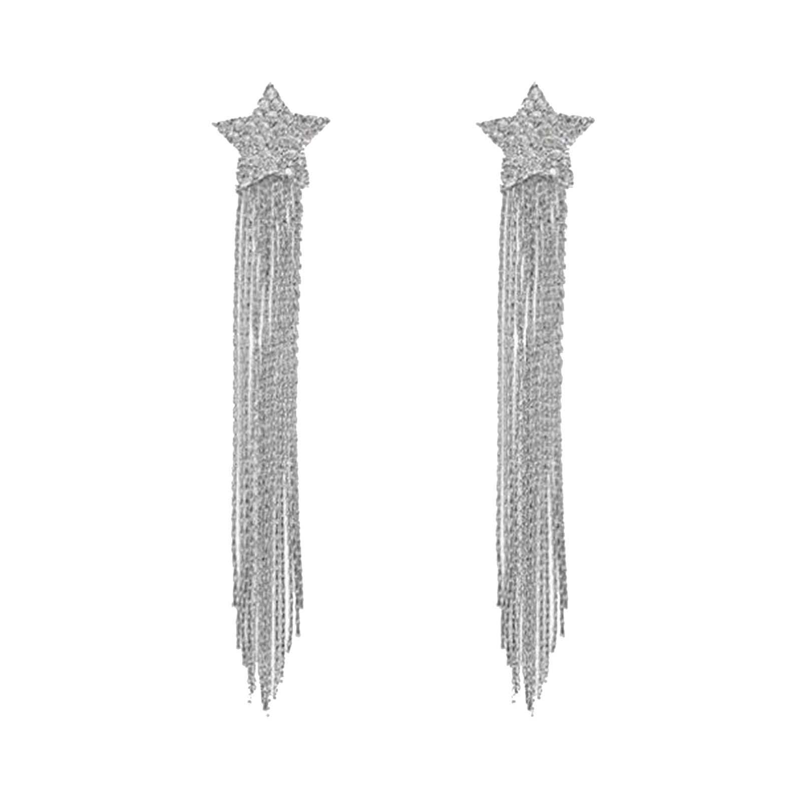 

, Fashionable, Luxurious, Diamond-filled Five-pointed Star Earrings, Long Slimming Tassel Earrings For Women One Size