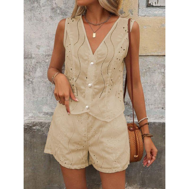 Tank Top and Shorts Set European and American French style Solid Casual Hollow out V-neck Vest Shorts Two-Piece Set