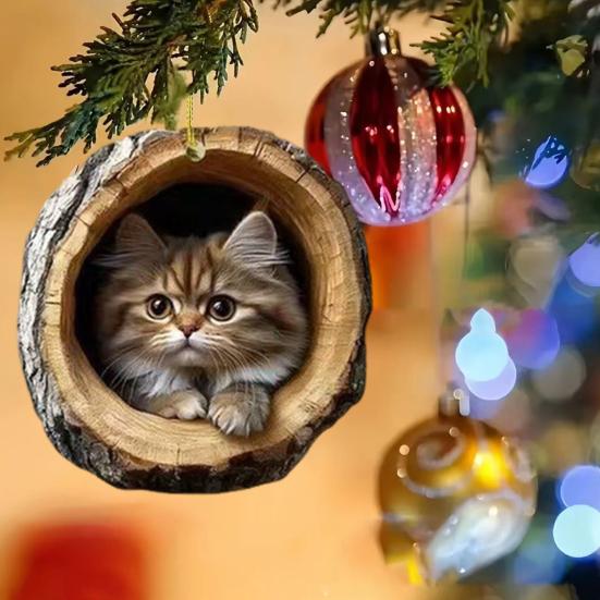2D Cat Decoration Hanging Acrylic Cat In Tree Hole Decoration Christmas Tree Ornament for Cat Lover Gift Festive Decor