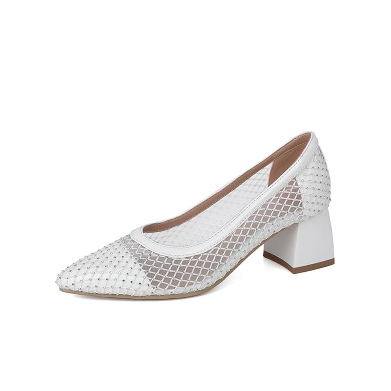 

Meotina Женские туфли-лодочки с острым носком на толстом высоком каблуке с кристаллами, женские модные туфли весна-осень, цвет белый миндаль 43 33 белый