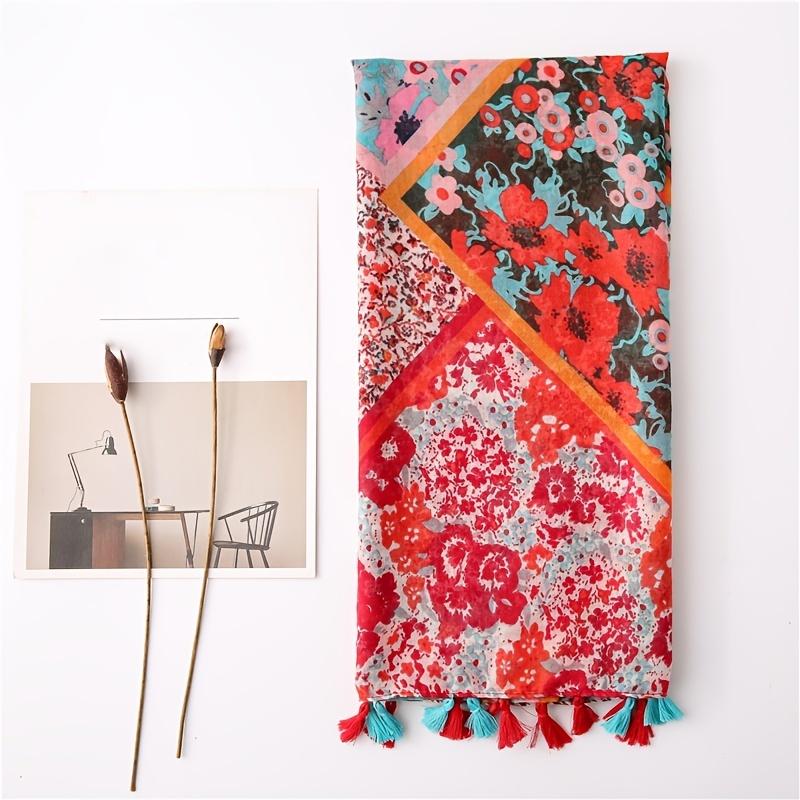 Print Geometric Tassel Turban Scarf Boho Scarf For Women Lightweight Floral Printed Scarf