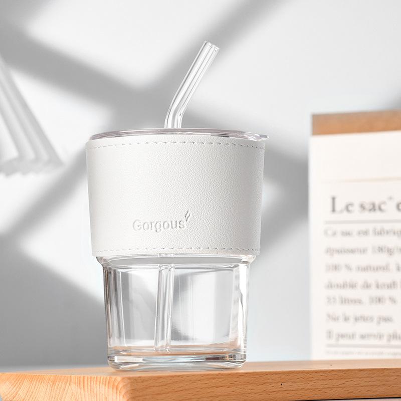 450ml Coffee Glasses Heat Resistant Leather Cover Glass Mug Water Cup Tea Wine Drinkware Glasses Tumbler With Lids Straw