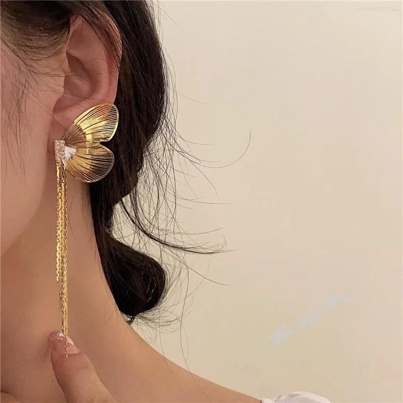 Exaggerated Rhinestone Long Tassel Earrings Trendy Metal Butterfly Wings Personalized Hanging Earrings Girl Unique Party Jewelry