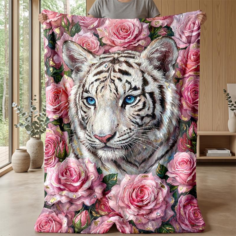 White Tiger in Flowers Theme blanket Lightweight Warm Flannel Blanket Decorative Throw Blanket for Home Decoration
