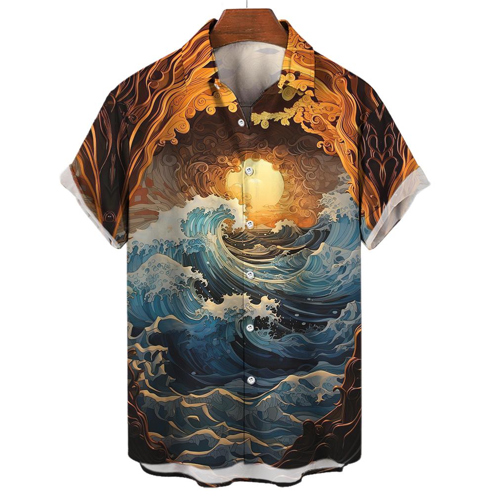 2025 New Shirts For Mens Short Sleeve Tops Japanese Style Ukiyoe Graphic Clothes Oversized Summer Apparel Streetweat Male Shirts