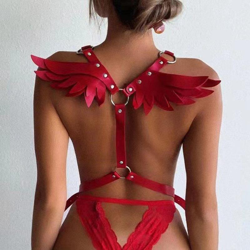 Women's Leather Angel Wings Punk Harness Top with Straps