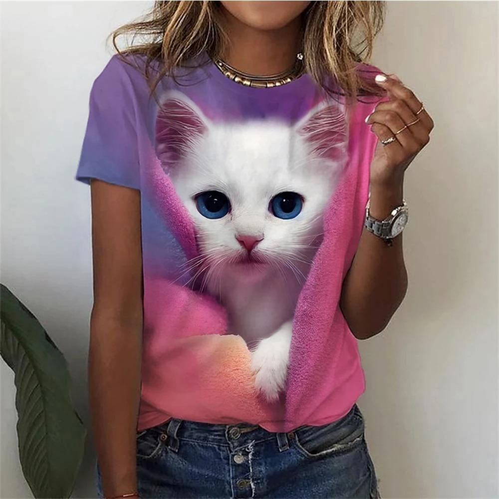 Kawaii Cat T Shirt For Women Summer O Neck Short Sleeve Top Harajuku Kitten Printed Women's T-Shirt Fashion New Female Clothes