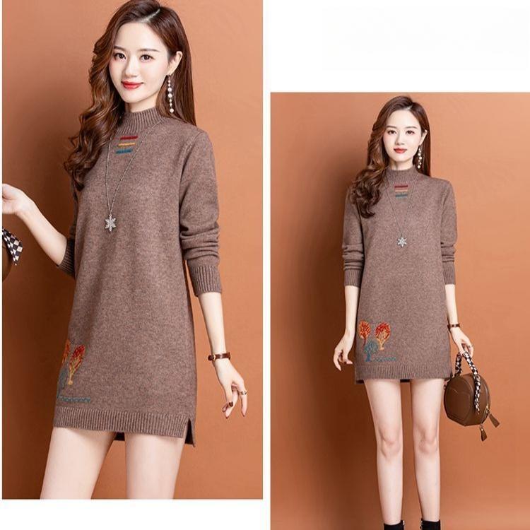 Half Turtleneck Sweater Dress Women's Solid Color Casual Mid-length Knitted Sweater Autumn and Winter Top Loose and Trendy Pullover