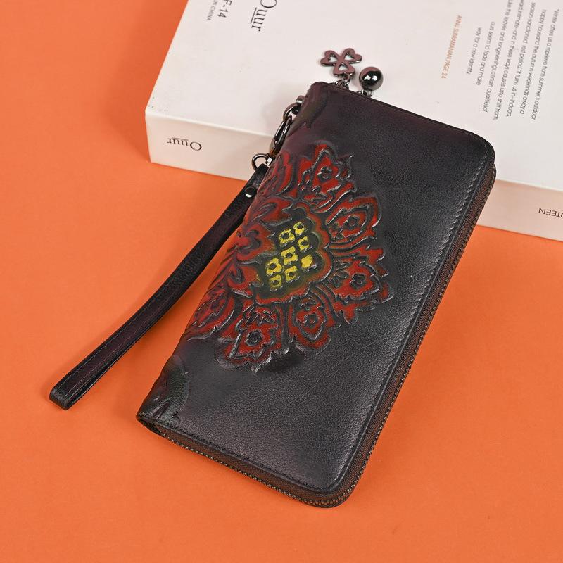 Новый женский длинный кошелек из натуральной кожи, Модная сумка-клатч на молнии, Сумка с принтом и ручной росписью, Многофункциональная сумка для мобильного телефона, Через чёрный