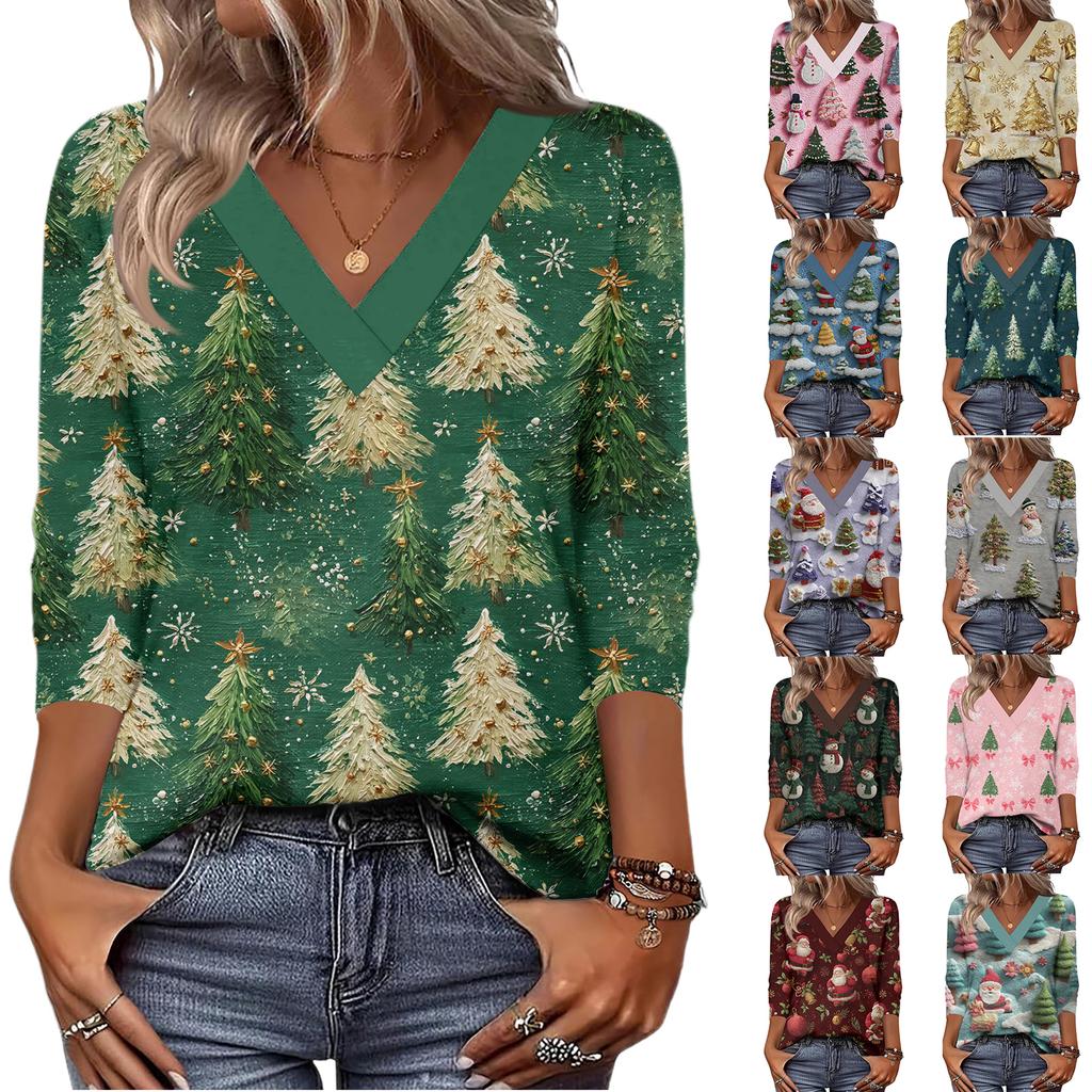 Women's Loose Comfortable Casual Fashion V-Neck Christmas Print 3/4 Sleeve Top