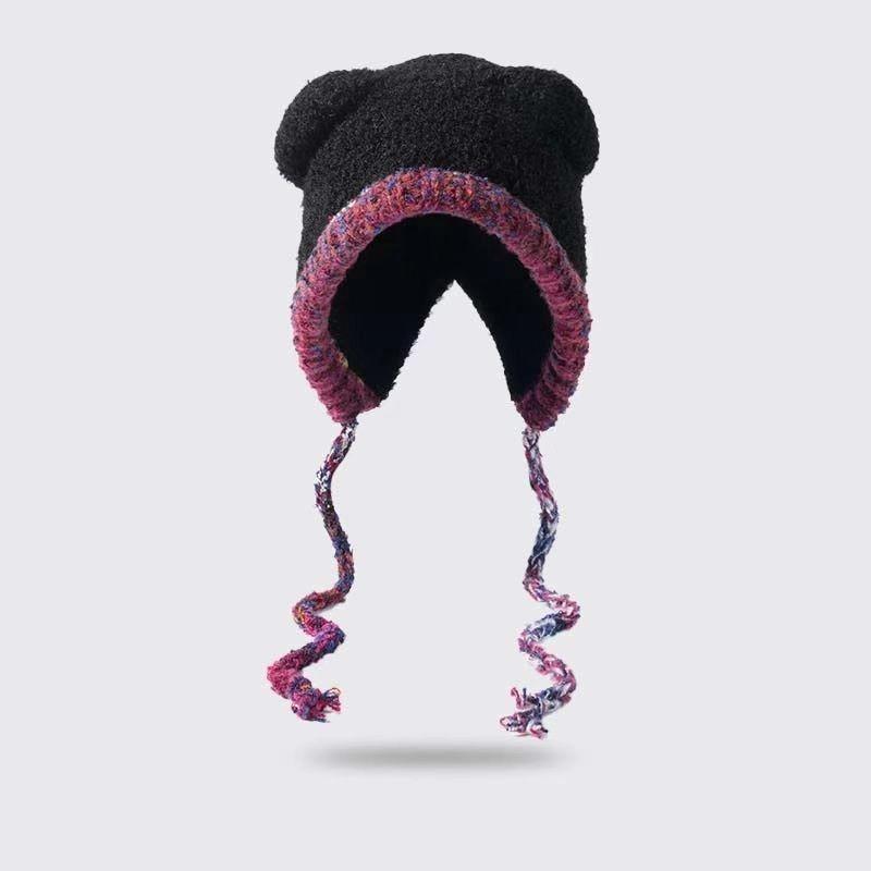 Cute Bear Plu Knitted Hat Womens Autumn Winter Large Head Circumference Face Slimming ColdProof Ear Protection Leon Fur Hat