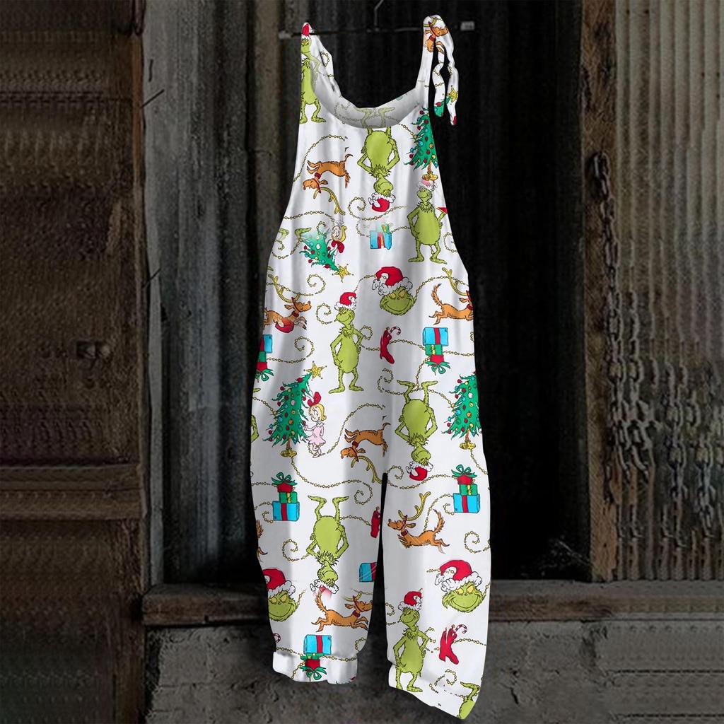 Damski kombinezon z nadrukiem Halloweenowym, casualowy, luźny, vintage, na ramiączkach, bawełniano-lniany