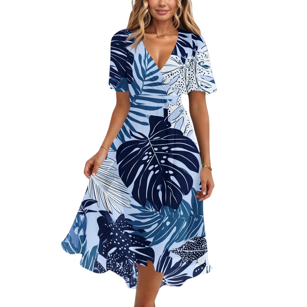 Women's Casual V Neck Short Sleeve Hawaiian Print Dress Summer Beachwear Midi Dress with Wrap Style and Relaxed Fit