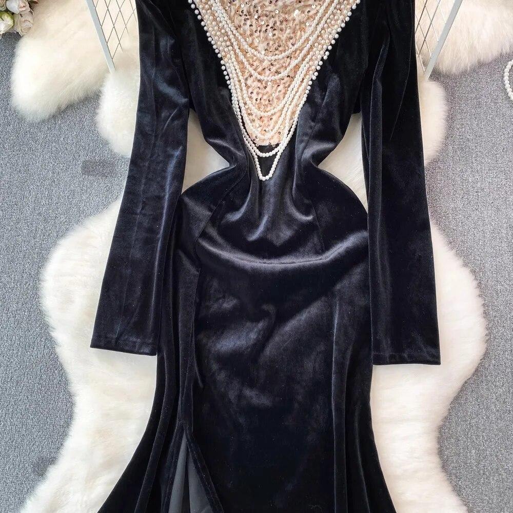 Autumn Winter Luxury Pearls Necklace Velvet Mermaid Dress Women's Stand Long Sleeve Sparkling Sequins Split Wedding Party Robe