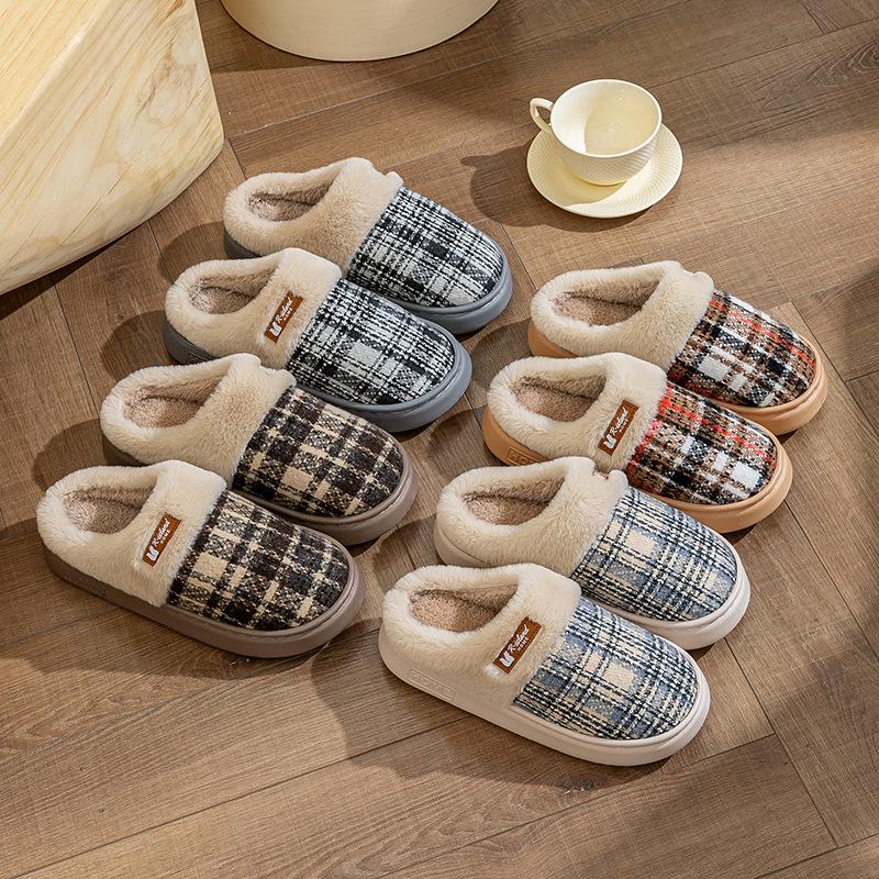 Simple temperament cotton shoes autumn and winter lines plaid indoor home velvet couple thick-soled warm cotton slippers