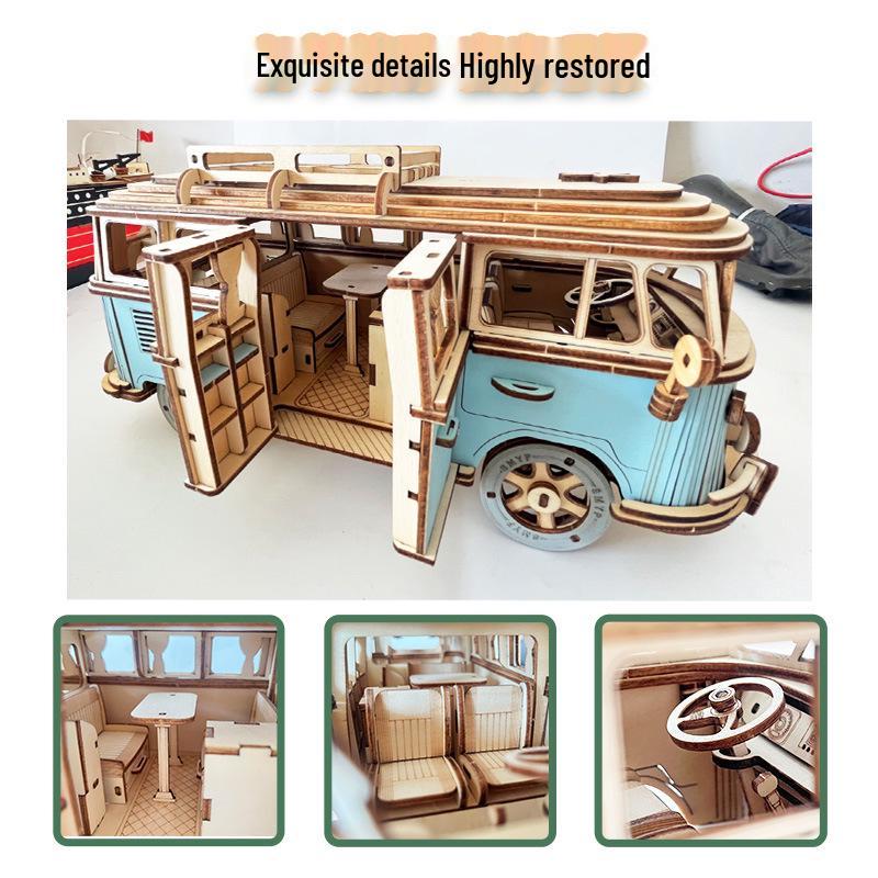 

European Wooden Camper Van Jigsaw Puzzle - 3D Model Assembly Toy for Kids