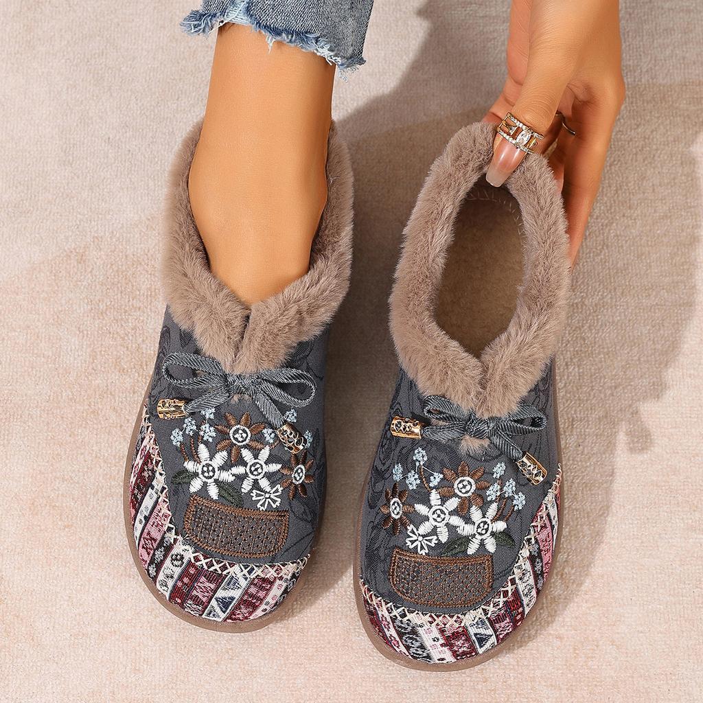 Women's Embroidered Fashion Lightweight Height-enhancing Soft Sole Winter Warm Fur One Snow Boots Velvet Lined Non-slip Casual Sports Cotton Boots