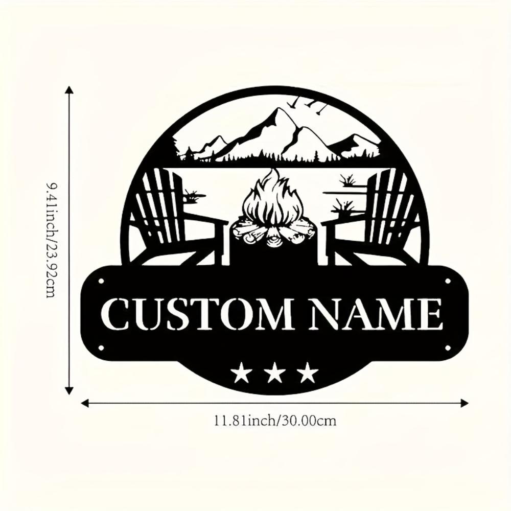 

Personalized Camping Metal Wall Art Boho Style Campfire Mountains Custom Name Nature Lovers