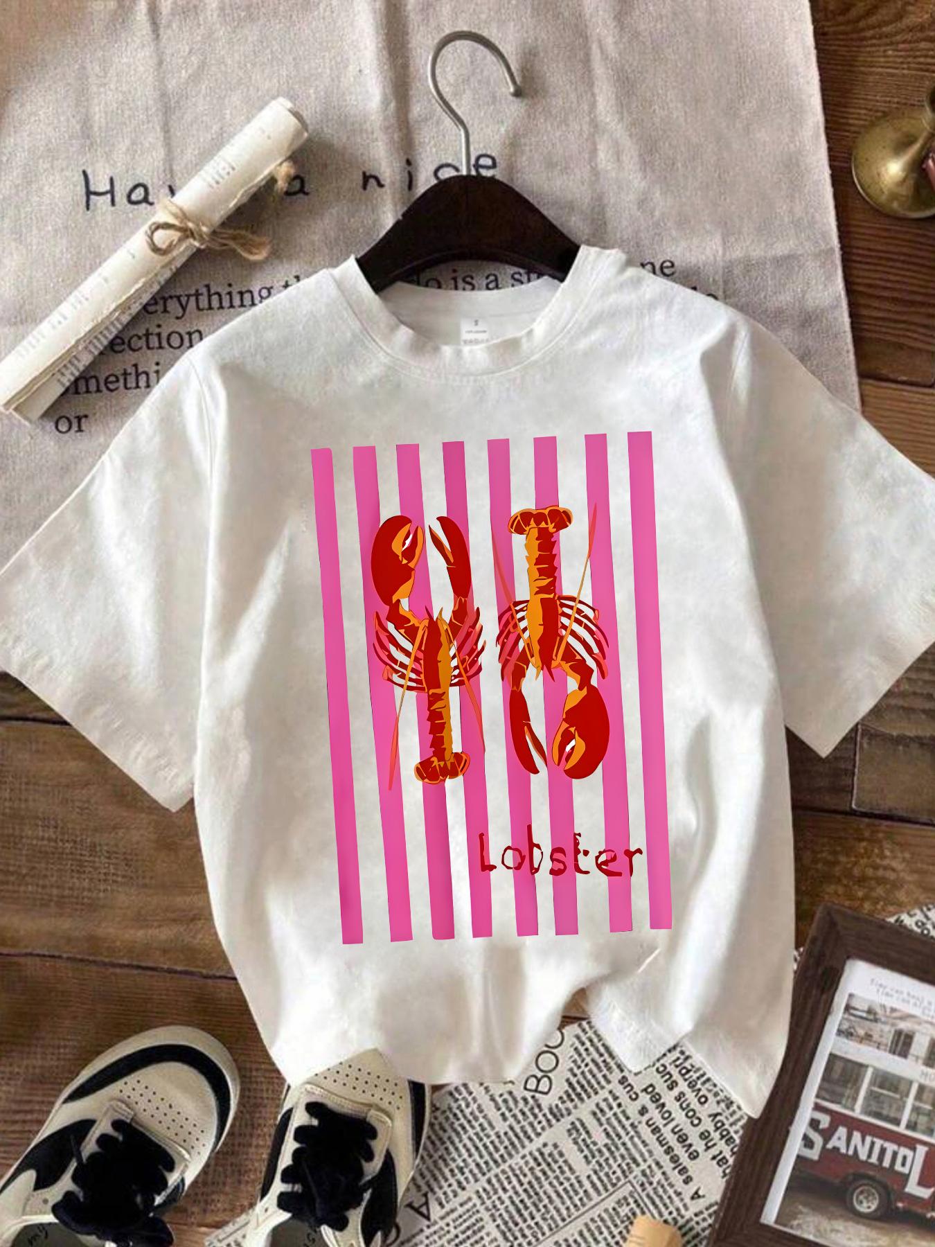 Fun Crayfish Fashion Print Summer Casual Short Sleeved Round Neck Comfortable Soft Cotton Short Sleeved Tshirt 100