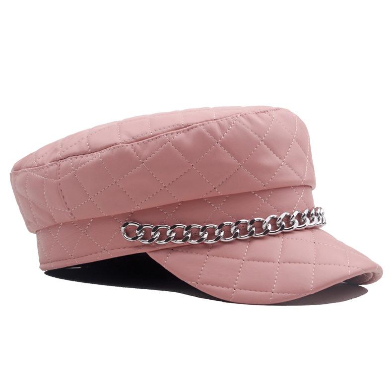 Leather Painted Hat Women's Chain Flat Top Army Hat Autumn Winter Warm Cap