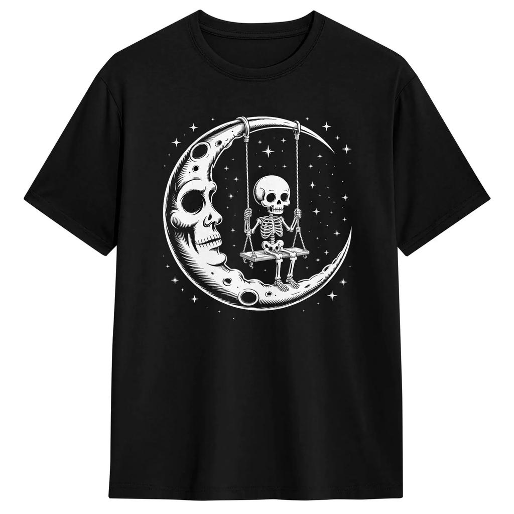 Skeleton Couple Moon Swing Guitar Lover Halloween Rock T-Shirt for Funny Cotton Tees Crew Neck Short Sleeve T Shirt