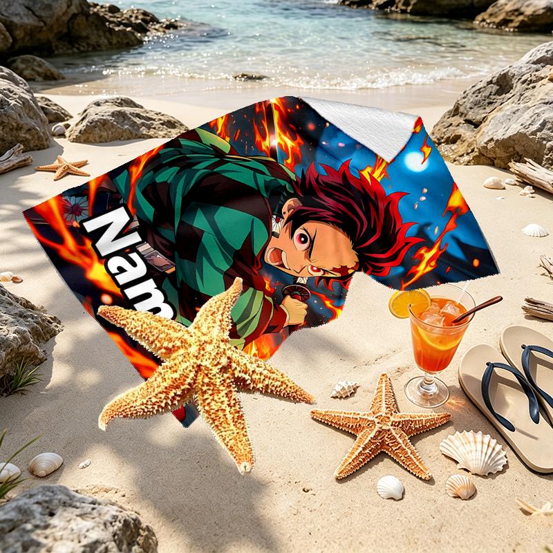 Custom Name Personalized Demon Slayer Print Beach Towel, for Trip Camping Beach Party Home Decor, Birthday Gift for Family & Friends