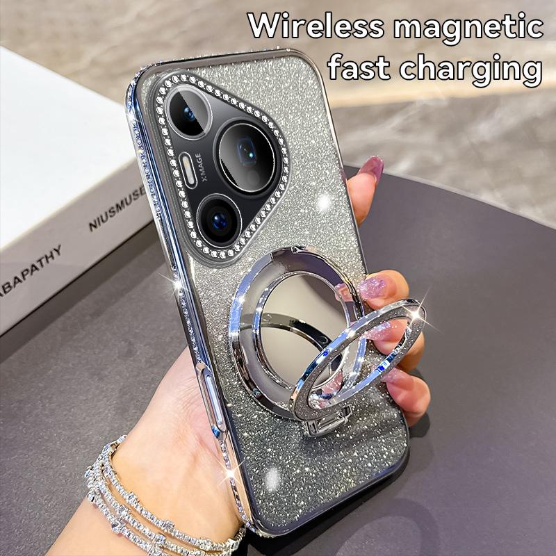 Fashion Diamond Glitter Plating Silicone Soft Case For Huawei P40 Lite P50 Pro P60 P70 Pura 70 Pro Bracket Shockproof Back Cover