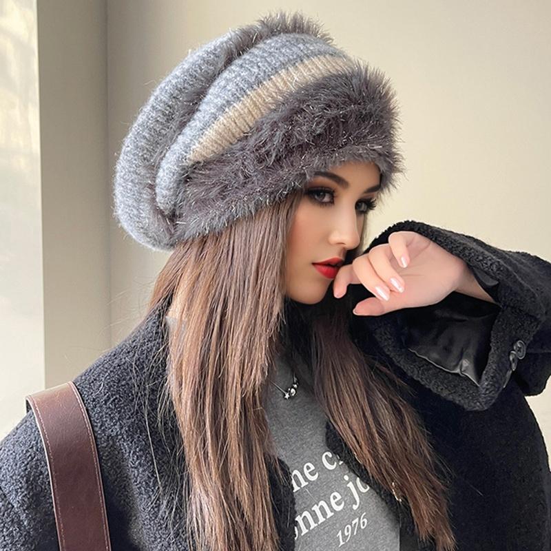 1PC Color Block Elegant Pile Hat Versatile Knitted Fashion High Stretch Warmth Brimless Lightweight Plush Slouchy Hats Multi-Color