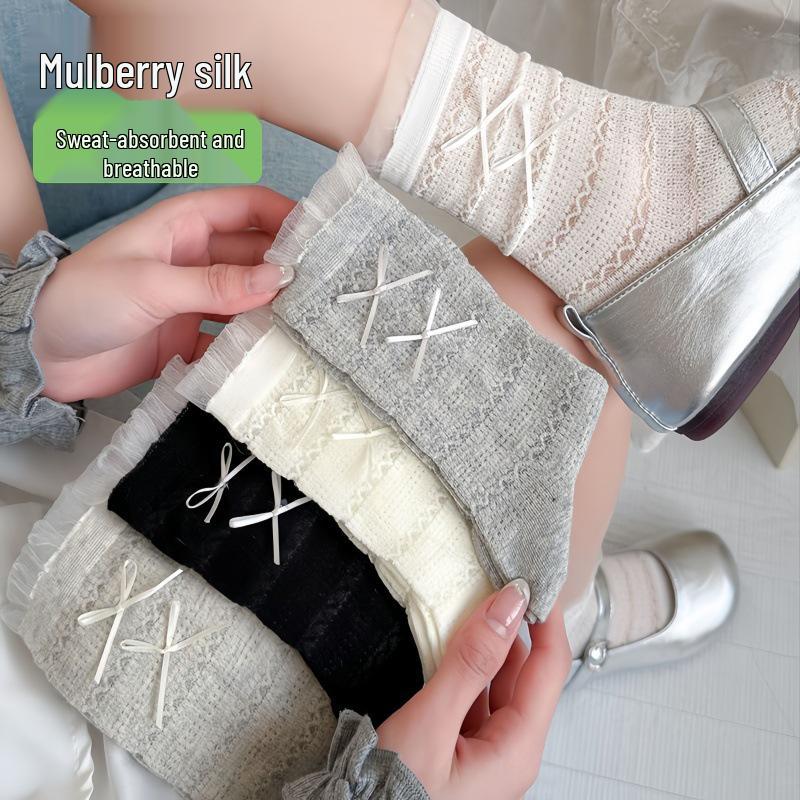 

2026 Summer Women s Mid-Calf Lace Bow Socks: Korean Style Sweet Silk One Size