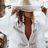 Beach Bikini Cover Up Shirt Lapel Flared Long Sleeve Single Breasted Swimsuit Coat Hollow Out Women Mid-length Shirt