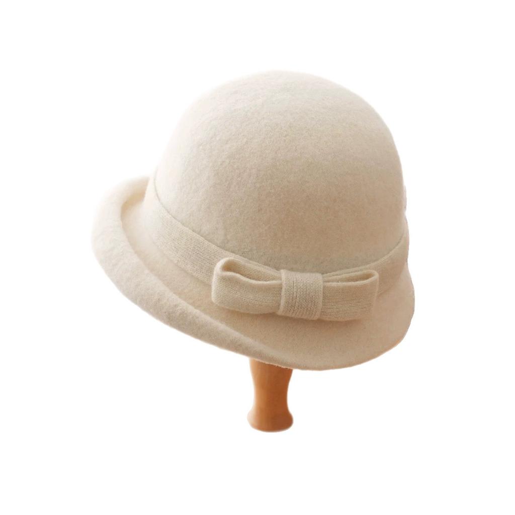 Curly Wool Bow Top Hat for Women Winter French Dome Gold Hat Showing Face Small Fisherman Hat Basin Hat