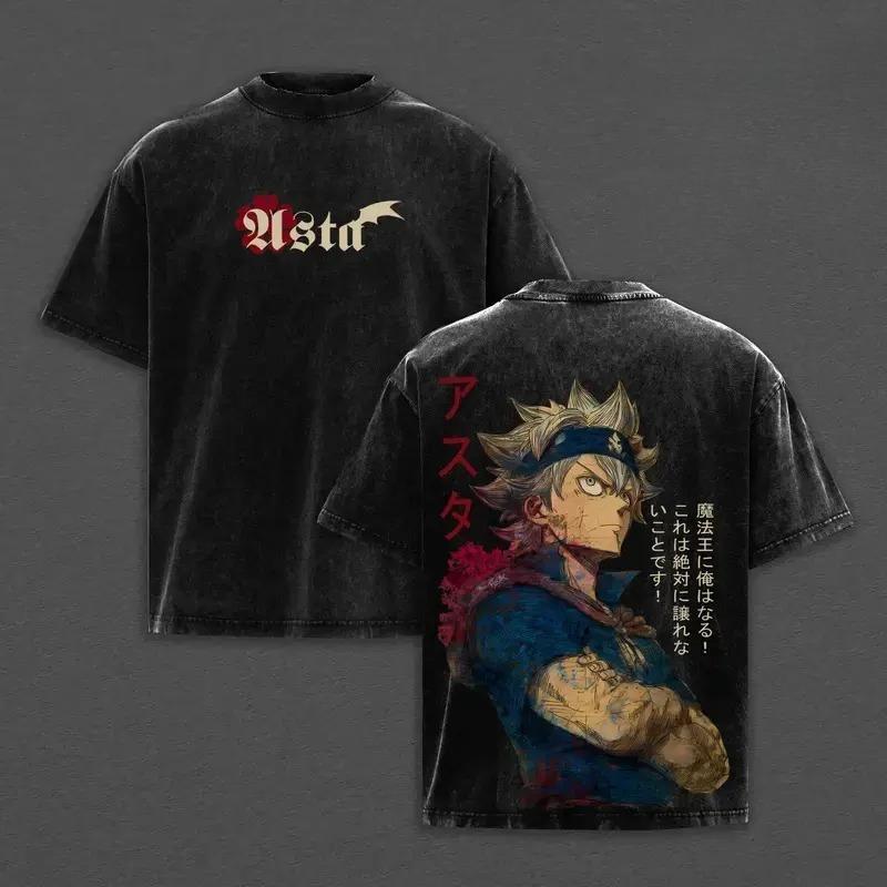 Аста Черный Клевер Одежда Мужская Женская Футболка с коротким рукавом Манга Футболки Винтажная Стиранная Футболка Повседневная Хлопковая Футболка Харадзюку Мужская Футболка XXL