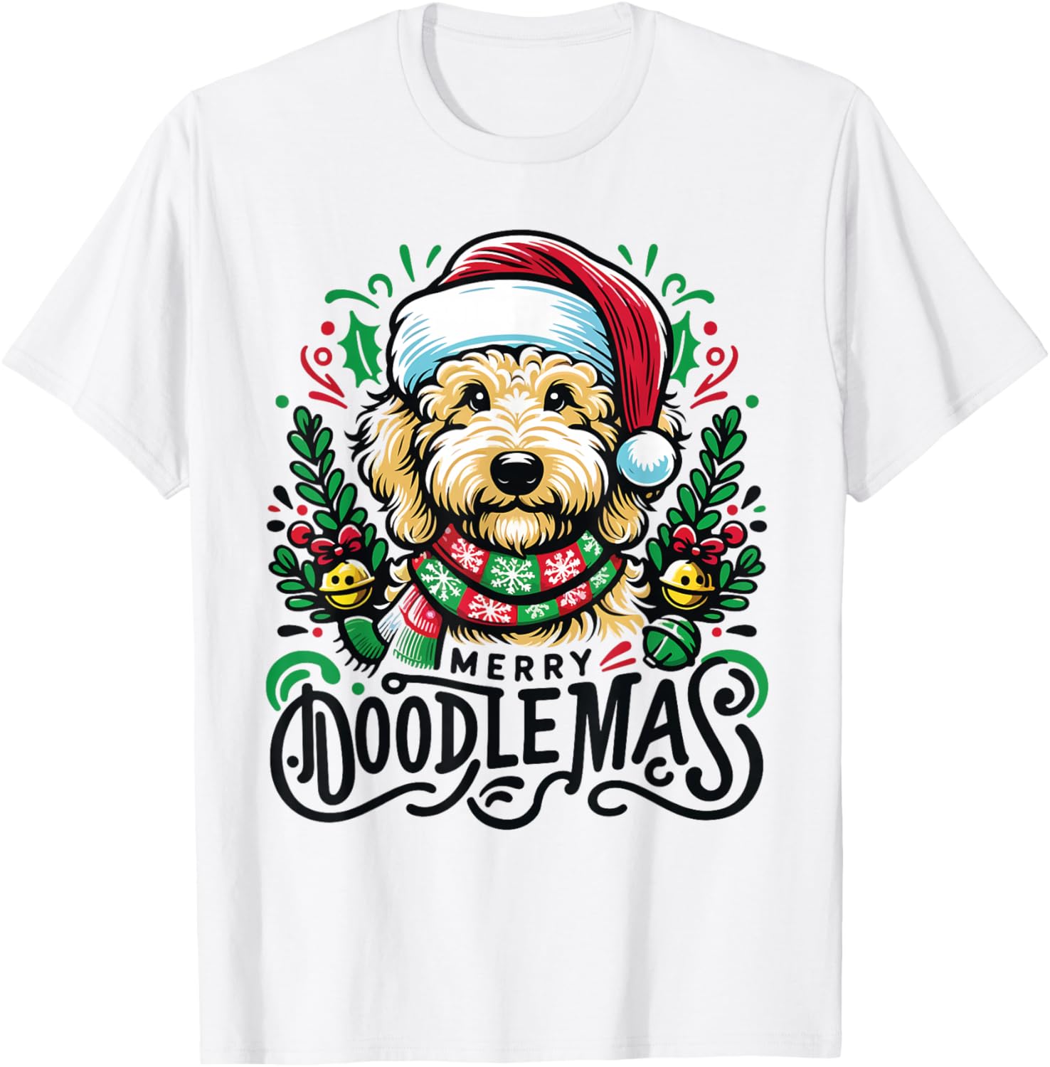 Merry Doodlemass Goldendoodle Dog Christmas Graphic Tee Cute Dog Lovers Casual T-Shirt 4XL