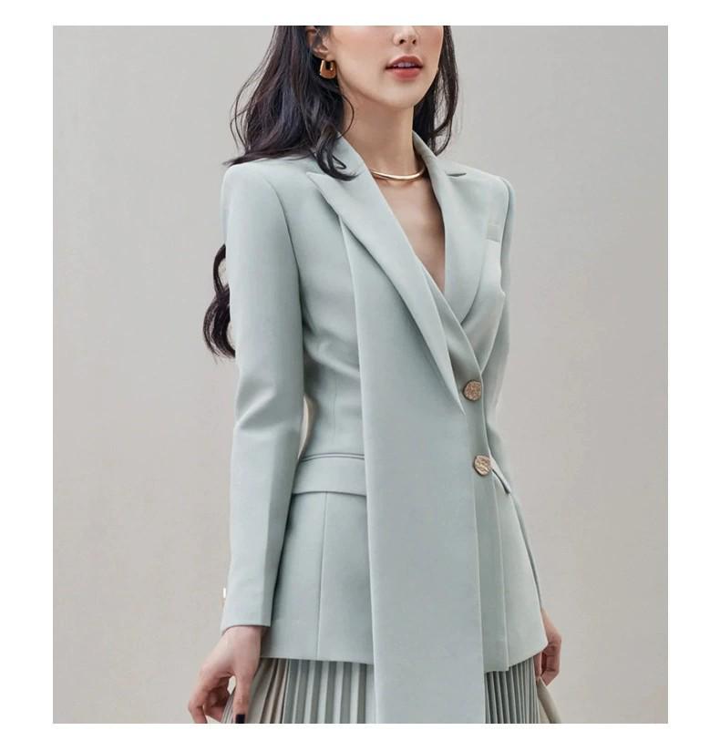 Gray-Blue Double-Breasted Jacket & Irregular Pleated Skirt Set - Autumn Color Block Fashion for Women