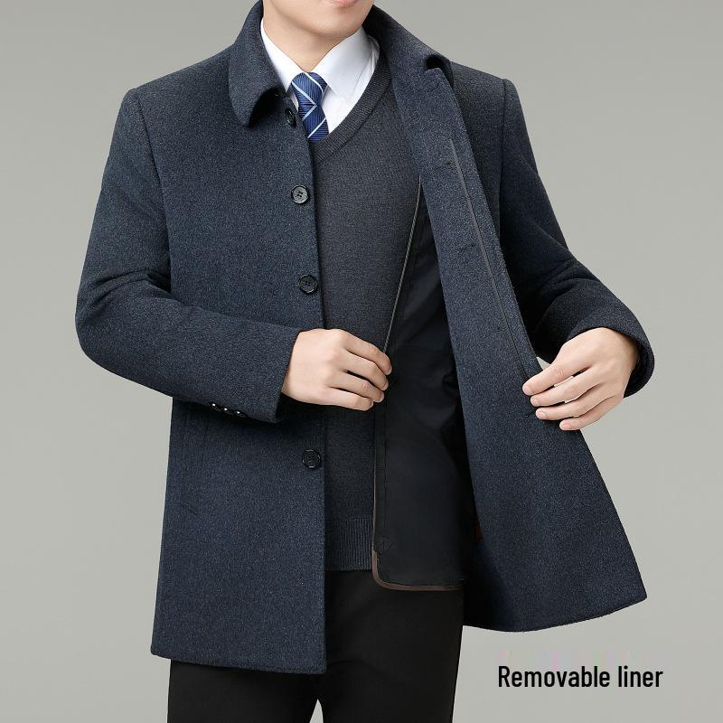 Men's Mid-Length Cashmere Coat with Detachable 90% Duck Down Liner - Warm Wool for Autumn/Winter